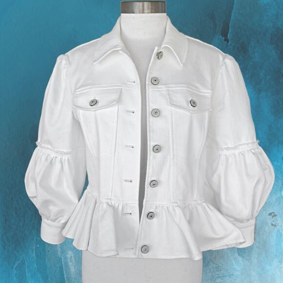 CINQ A SEPT Lizzie Puff Sleeve Peplum Denim Jacket in White Size 2 - Picture 2 of 13